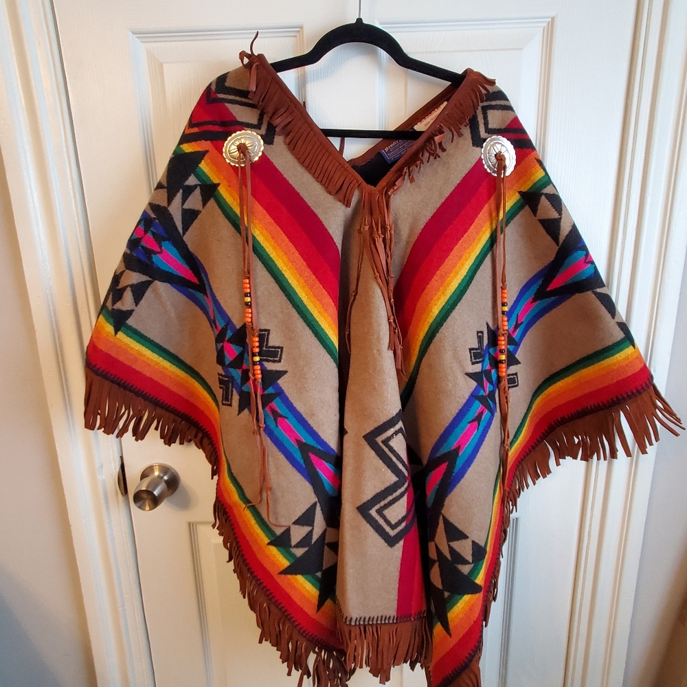 Vintage Beaver State Pendleton Poncho Native Fringe Wool Rainbow